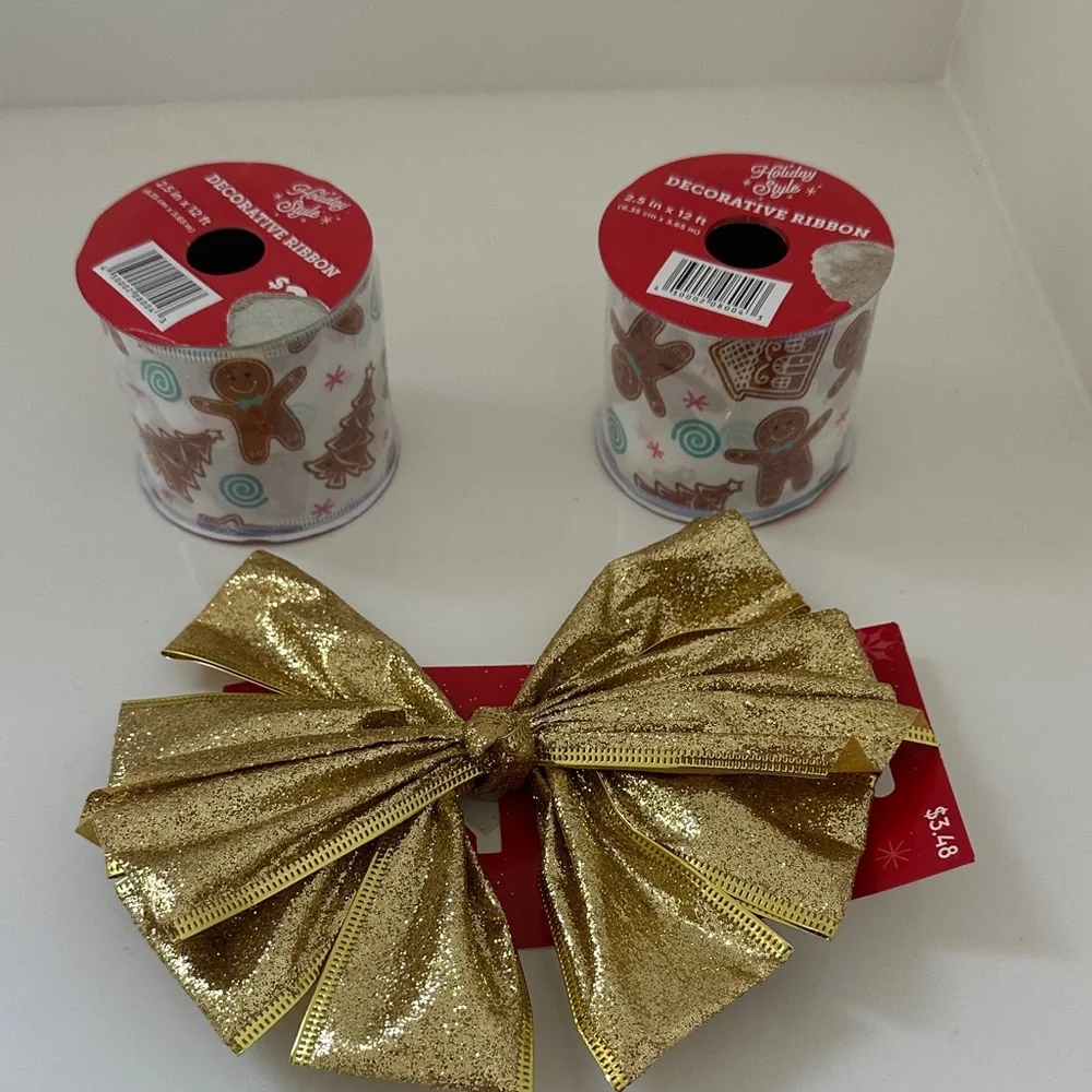 🌸NEW Gold Glitter Bow Decorative and 2 gingerbread Ribbon -